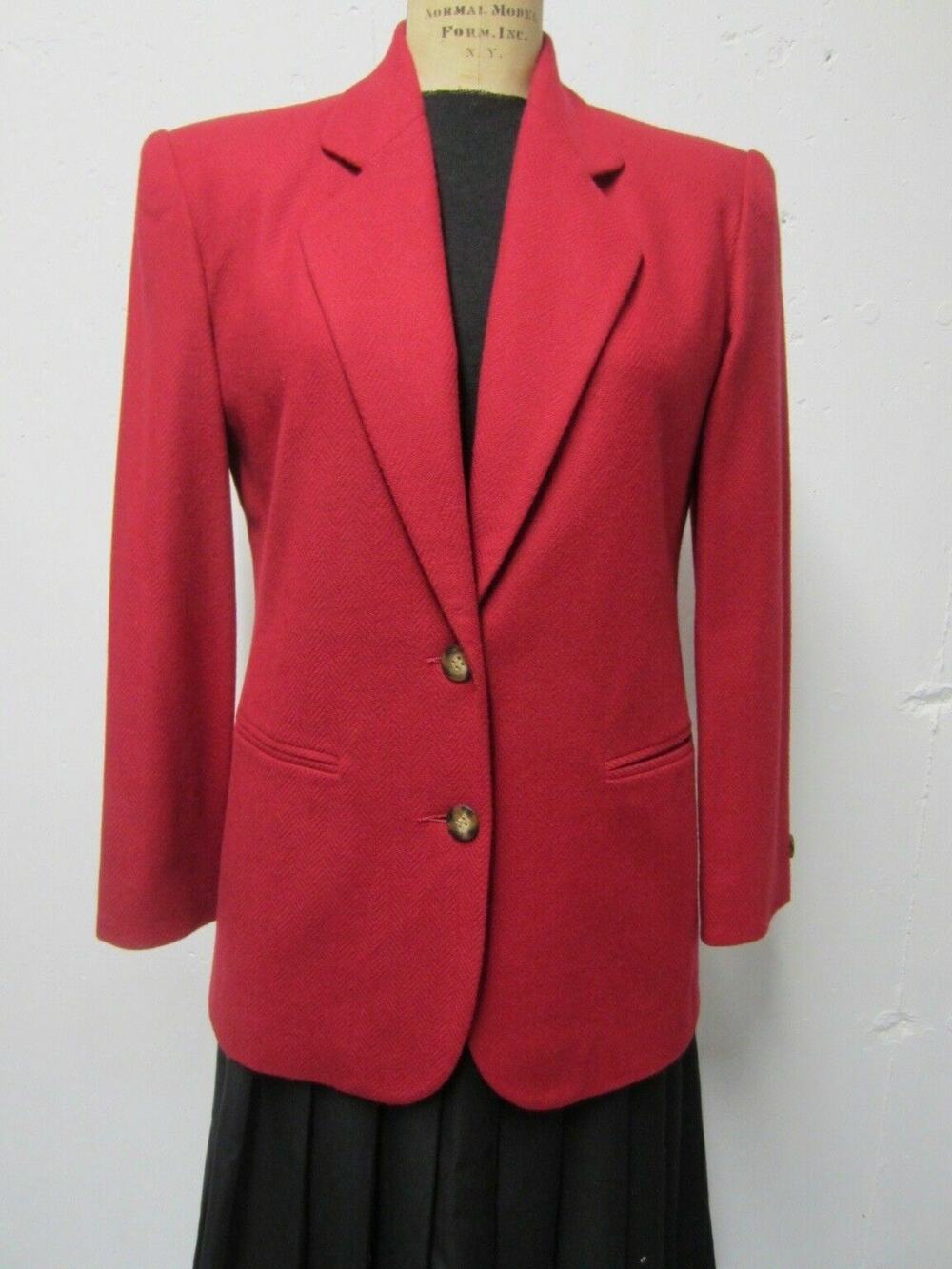 Vtg LANDS END Cranberry Red Herringbone WOOL BLAZER Hacking Jacket 6P 38" USA